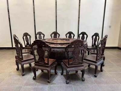 老挝大红酸枝交趾黄檀年年团圆2.2米13件套圆桌全榫卯结构做工考