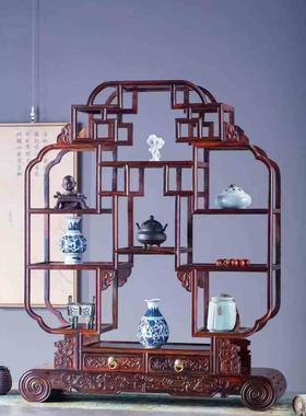 大红酸枝木博古架红木多宝阁中式交趾黄檀桌面茶几茶壶摆件展示架