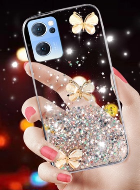透明滴胶水晶蝴蝶闪粉适用OPPO RENO7手机壳reno7pro夏日por女7se新款reon6PRO十+曲面屏5k网红5pr0爆款5G版