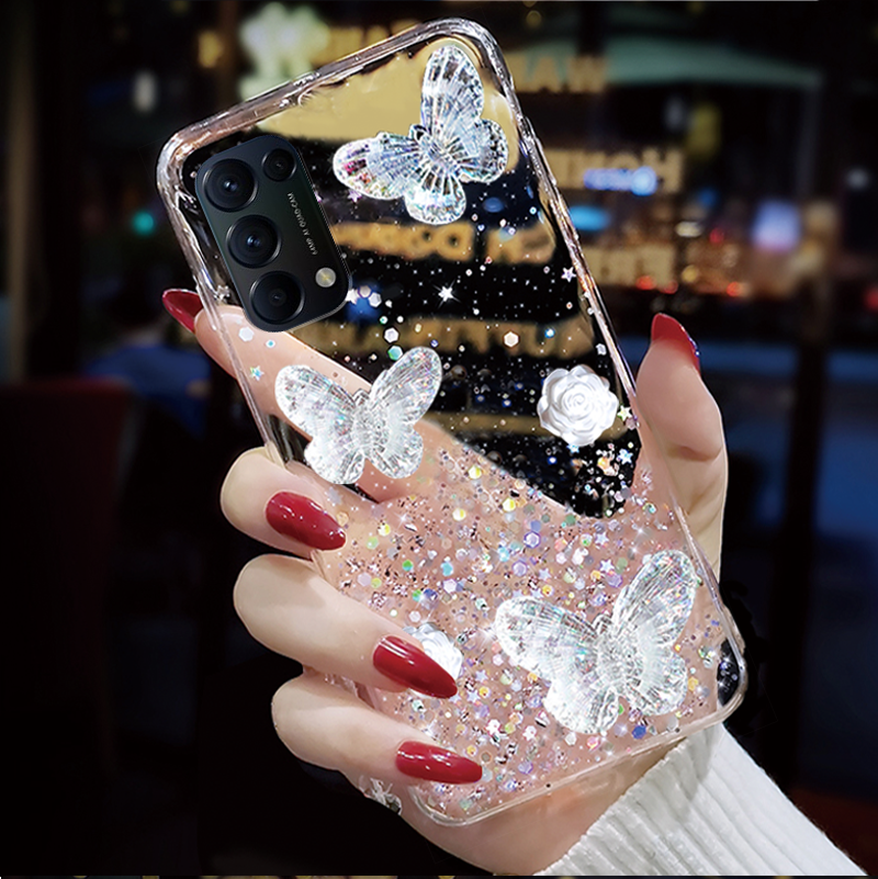 可爱玫瑰蝶碟滴胶透明适用OPPO RENO5PRO十+手机壳ren05奢华5K个性reon4女款新品曲面屏RENO3元气版2022新款