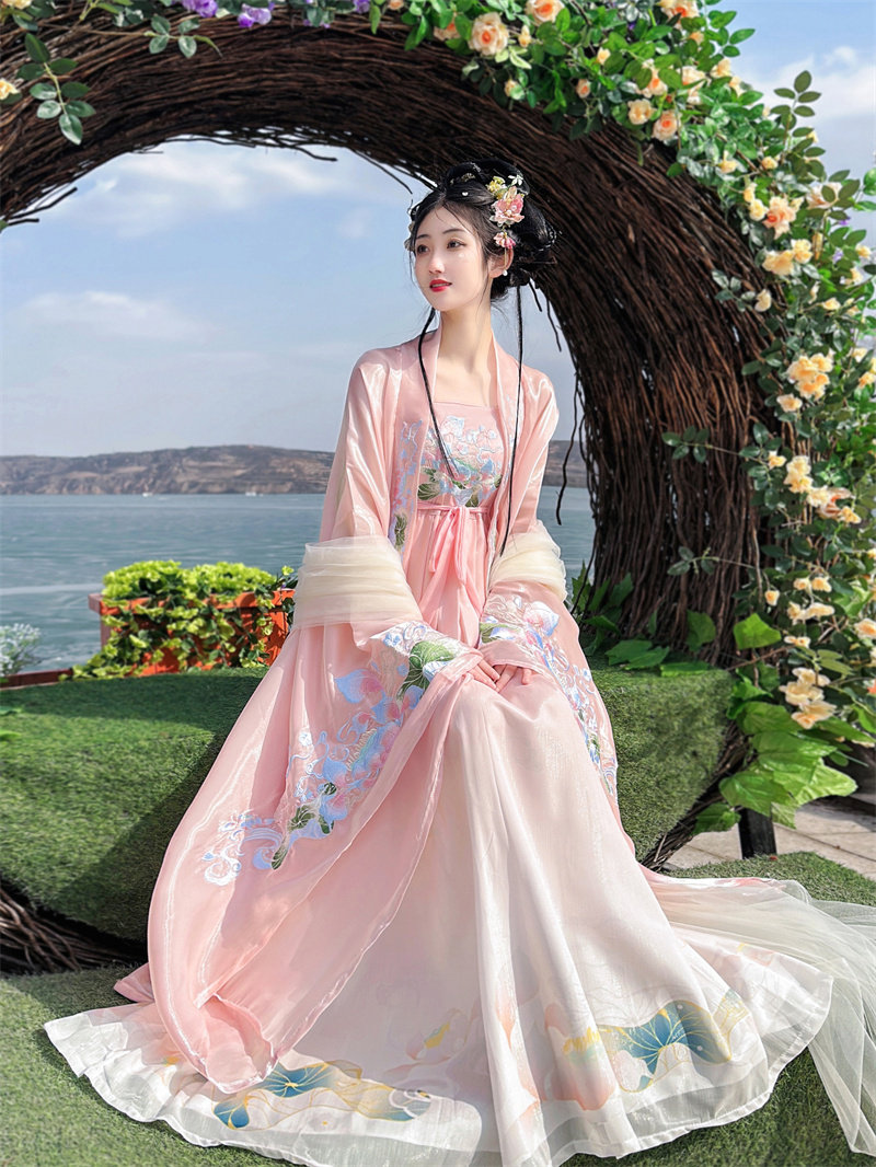 당나라 HANFU 여성 MYROBALAN 치마 봄과 여름 국립 스타일 대형 소매 셔츠 원래 고대 의상 슈퍼 불멸의 넓은 소매 불멸의 가슴 길이 스커트