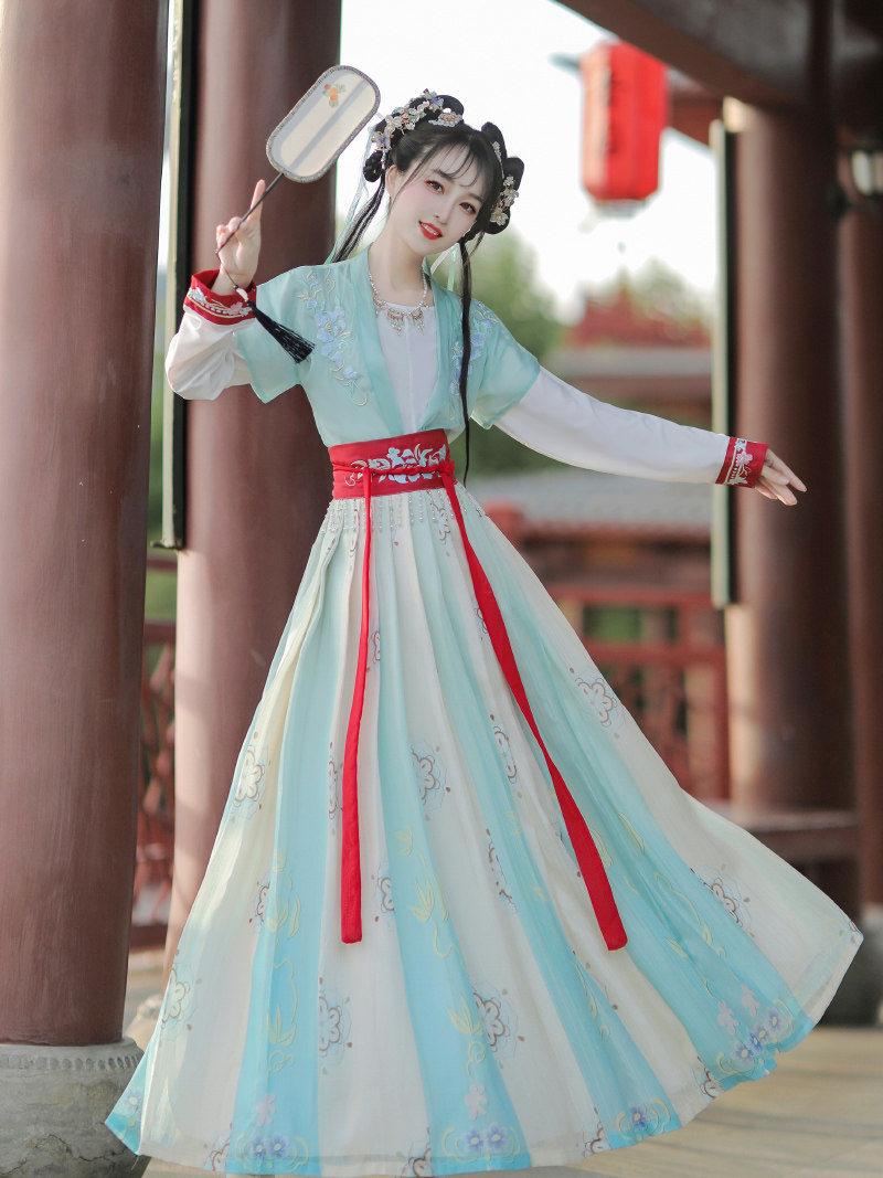 HANFU 여성 당나라 여름과 가을 스타일 고대 의상 허리 길이 속치마 국가 스타일 요소 정장 찢어진 치마 반팔 자수 짧은 셔츠