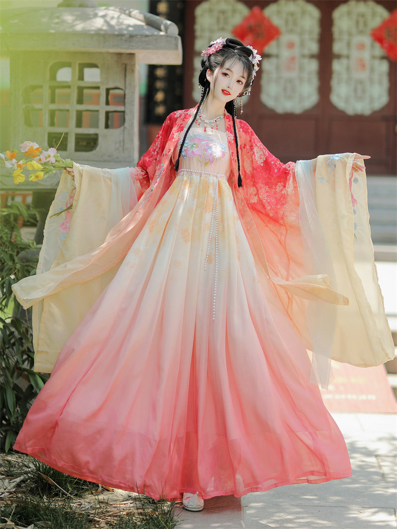 당나라 HANFU 여성 여름 요정 MYROBALAN 치마 중국 스타일 요소 중공업 자수 대형 소매 셔츠 일일 고대 의상 완료 세트
