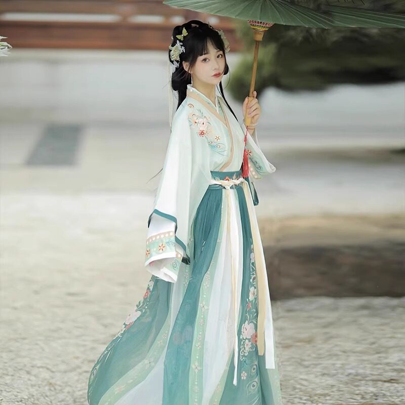 HANFU 여성의 원래 정통 중국 스타일 자수 크로스 칼라 허리 길이 스커트 웨이와 진 왕조 봄과 가을 새로운 일상 의상