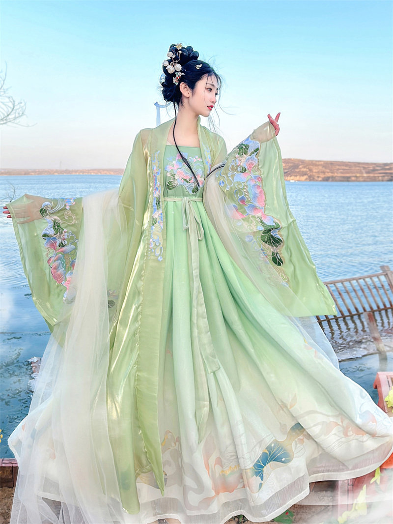 당나라 HANFU 여성 MYROBALAN 치마 봄과 여름 국립 스타일 대형 소매 셔츠 원래 고대 의상 슈퍼 불멸의 넓은 소매 불멸의 가슴 길이 스커트