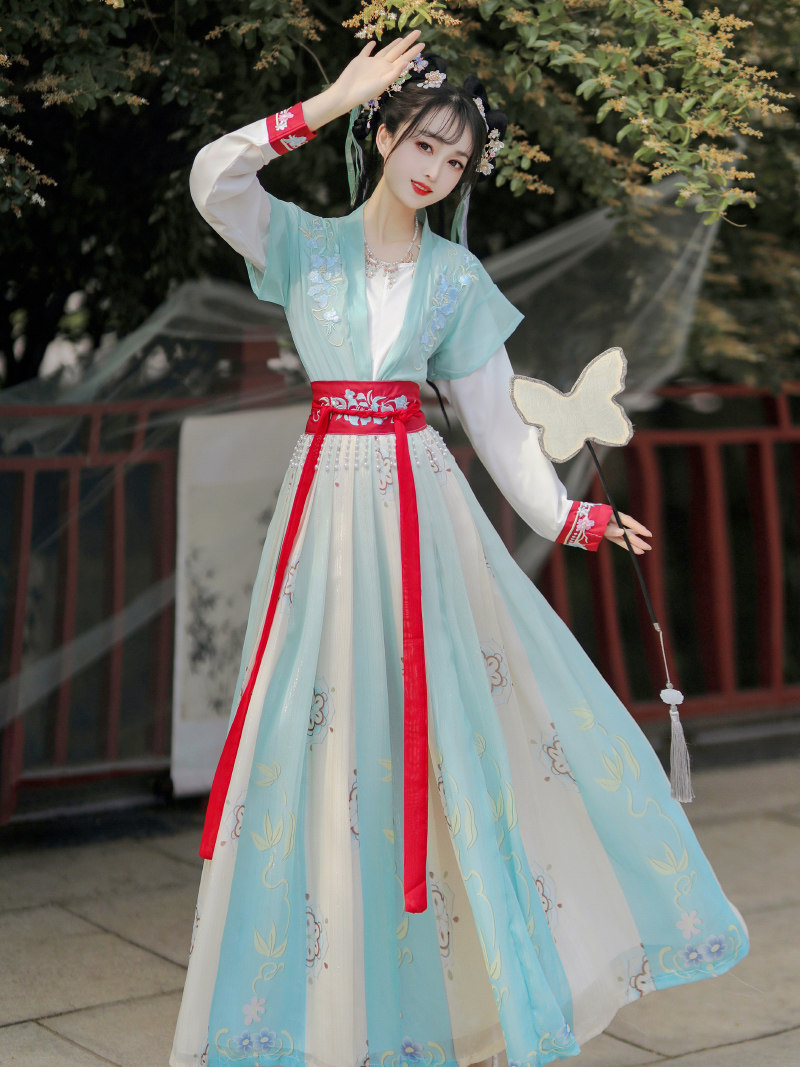 HANFU 여성 당나라 여름과 가을 스타일 고대 의상 허리 길이 속치마 국가 스타일 요소 정장 찢어진 치마 반팔 자수 짧은 셔츠