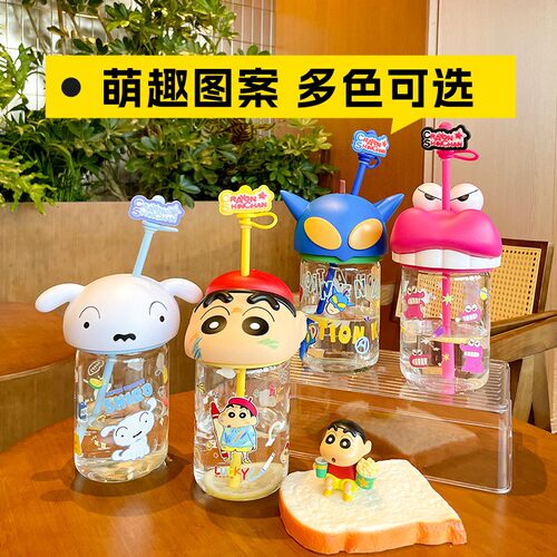 蜡笔小新玻璃杯耐高温吸管水杯