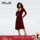 DVF羊毛羊绒裹身裙V领长袖 中长款 桑葚红纯色针织连衣裙MR43E00