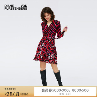 DVF红裙度假V领A字裙波点植物印花拼接裹身连衣裙DW4R012