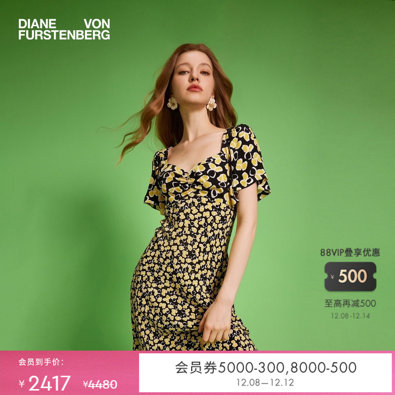 DVF复古方领泡泡袖茶歇裙连衣裙