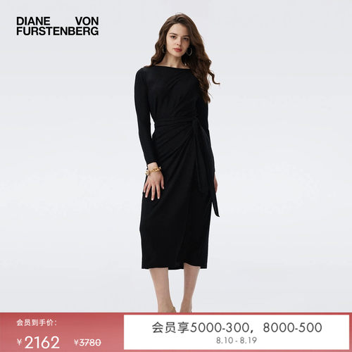 DVF 曜石黑弹力针织简约一字领仿裹身裙连衣裙DW3T003
