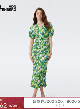 [博主同款]DVF2025新款度假绿色羽翼荷叶袖中长裹身裙DW1T008