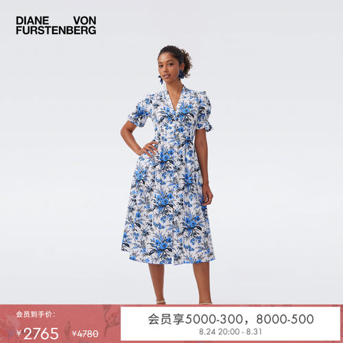 DVF2026春夏新款度假茶歇裙蓝白绿野仙踪泡泡袖碎花连衣裙DS1U032
