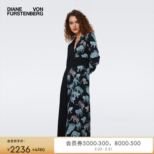 DVF蓝色豹猫动物 纯色拼接连衣裙DL3S053