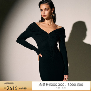 中长款 DVF礼服气质一字肩收腰长袖 连衣裙DL3R002 小黑裙