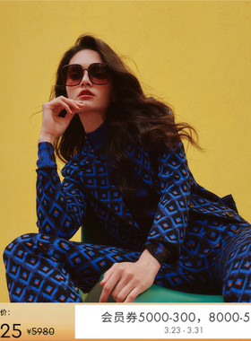 [提花工艺]DVF针织提花蓝色菱格纹西装短外套JN3T002