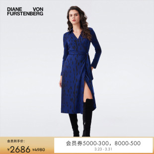 DVF复古海军蓝小鹿纹图案羊毛混纺针织裹身裙DW3T010 提花工艺