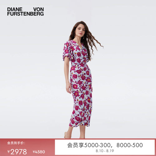 [七夕礼物]DVF2026春夏新款度假风蓝紫色摩登比芭玫瑰轻薄裹身裙
