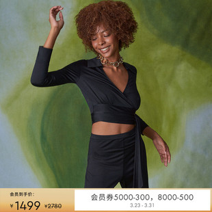 DVF复古曜石黑纯色简约POLO领通勤裹身短上衣MR53E00 摩登针织