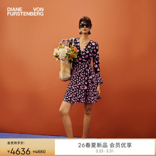 DVF2026春夏新款 V领茶歇裙波点玫瑰雪纺拼接裹身连衣裙DW1U005