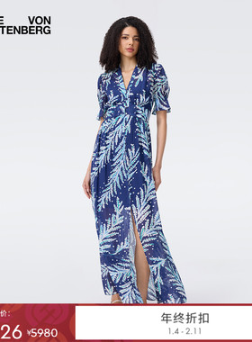 [博主同款]DVF2025秋季新款植物图案泡泡袖收腰雪纺连衣裙DS2T03