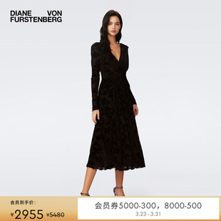 DVF曜石黑V领丝绒烧花连衣裙DL3S056