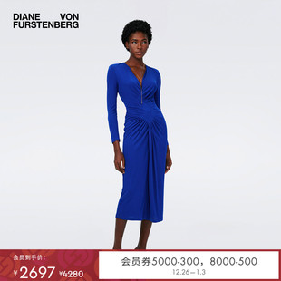 纯色连衣裙DL4R036 中长款 DVF V领蓝色哑光针织长袖