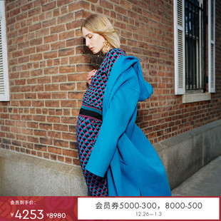 外套CL3R002 DVF彩色羊毛大衣明亮蓝双面毛呢连帽长款 双面毛呢