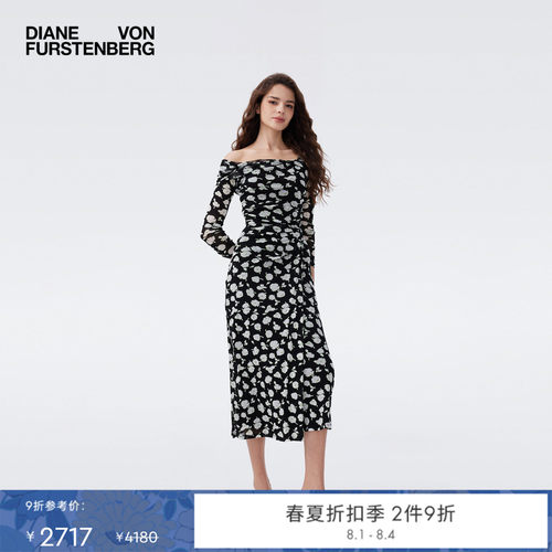 [弹力网纱]DVF2026春夏绿白波点玫瑰海岛度假风碎花连衣裙DL1U007