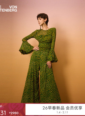 [弹力网纱]DVF2026早春新款绿色浮动格纹喇叭袖上衣BL4T005