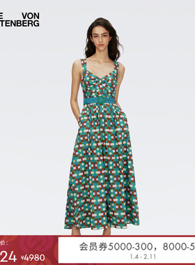 DVF女装绿色碧草绿方格伊甸园几何印花中长裙度假连衣裙DS1S071