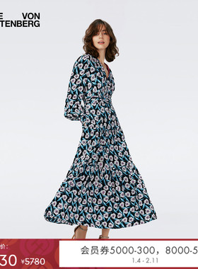 [海岛度假]DVF长袖蓝白印花收腰度假长裙连衣裙DL4R021