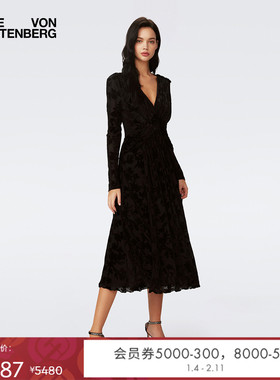 DVF曜石黑V领丝绒烧花连衣裙DL3S056