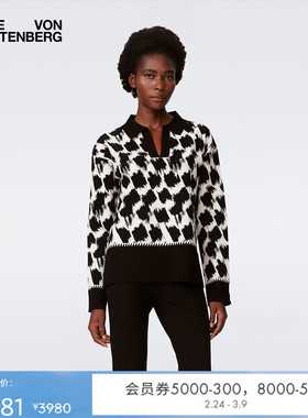 [提花工艺]DVF黑白色艺术笔刷图案POLO领针织上衣WL4S002