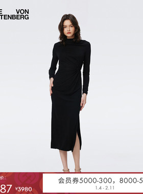 [小黑裙]DVF曜石黑纯色烟管领开衩连衣裙DL3S035