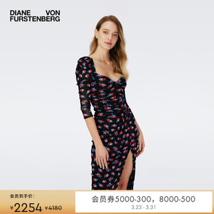 度假植物印花修身 DVF法式 连衣裙DS4R003 弹力网纱