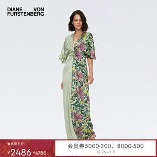 DVF 连衣裙DS1S057 绿色V领度假佩斯利印花拼接长款