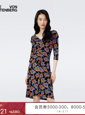 [玫瑰印花]DVF法式一字肩植物印花长袖气质修身显瘦连衣裙DL4R046