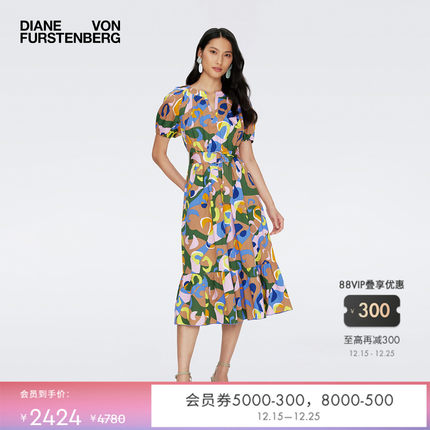 DVF泡泡袖MIDI裙长度假印花连衣裙DS1S021