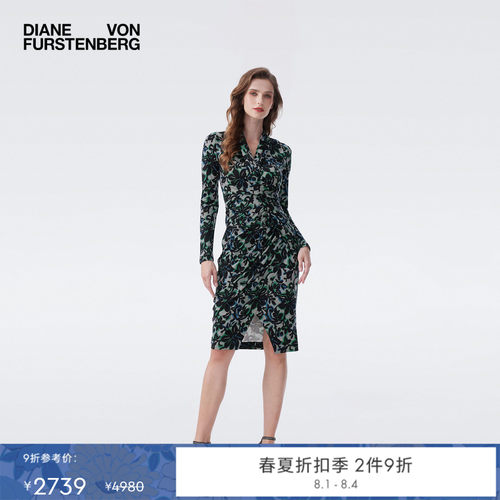 [天丝羊毛]DVF2026春夏新款V领度假蕾丝花卉修身连衣裙DL4T007