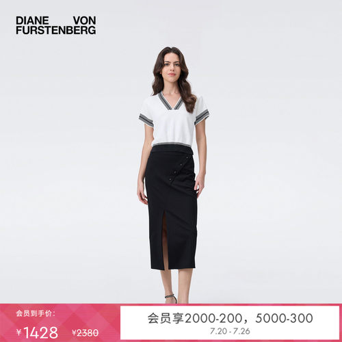 DVF V领简约优雅黑白拼色短袖针织上衣WS2T002