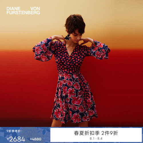 [七夕礼物]DVF2026春夏新款度假茶歇裙雾粉玫瑰裹身连衣裙DW1U005