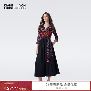 DVF2026早春新款 裹身裙DW4T011 霓虹波点与黑色拼接长款