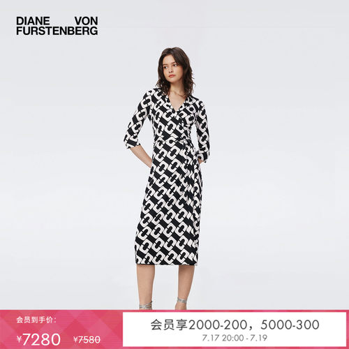 [100%真丝 品牌经典]DVF黑白大锁链针织桑蚕丝裹身连衣裙MR40E00