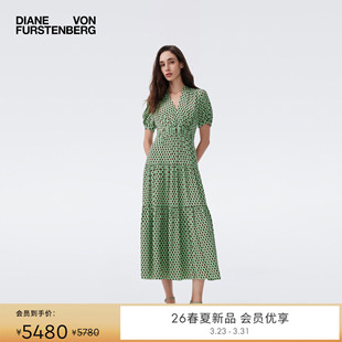 DVF2026春夏新款 绉纱连衣裙DS1U027 绿V领棕色果冻波点图案泡泡袖