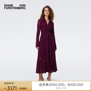DVF梅子红气质纯色蕾丝长裙连衣裙DL3S041 重工花卉蕾丝