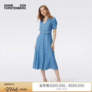 连衣裙DS2T004 V领中长款 DVF度假衬衫 裙翻领浅蓝色短袖