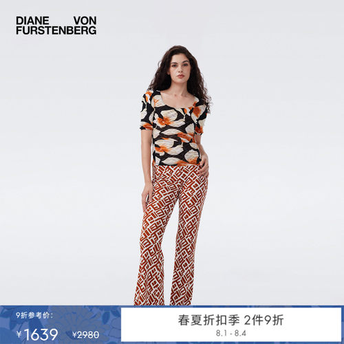 DVF2026春夏新款焦糖色迷宫几何图案薄款修身长裤PL1U005