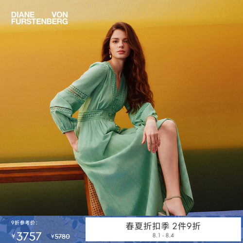 DVF2026春夏海沫绿茶歇裙V领蕾丝多比棉松弛度假风连衣裙DL1U003