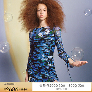 弹力网纱修身 DVF圆领艺术印花长袖 显瘦连衣裙DL4R001 弹力网纱